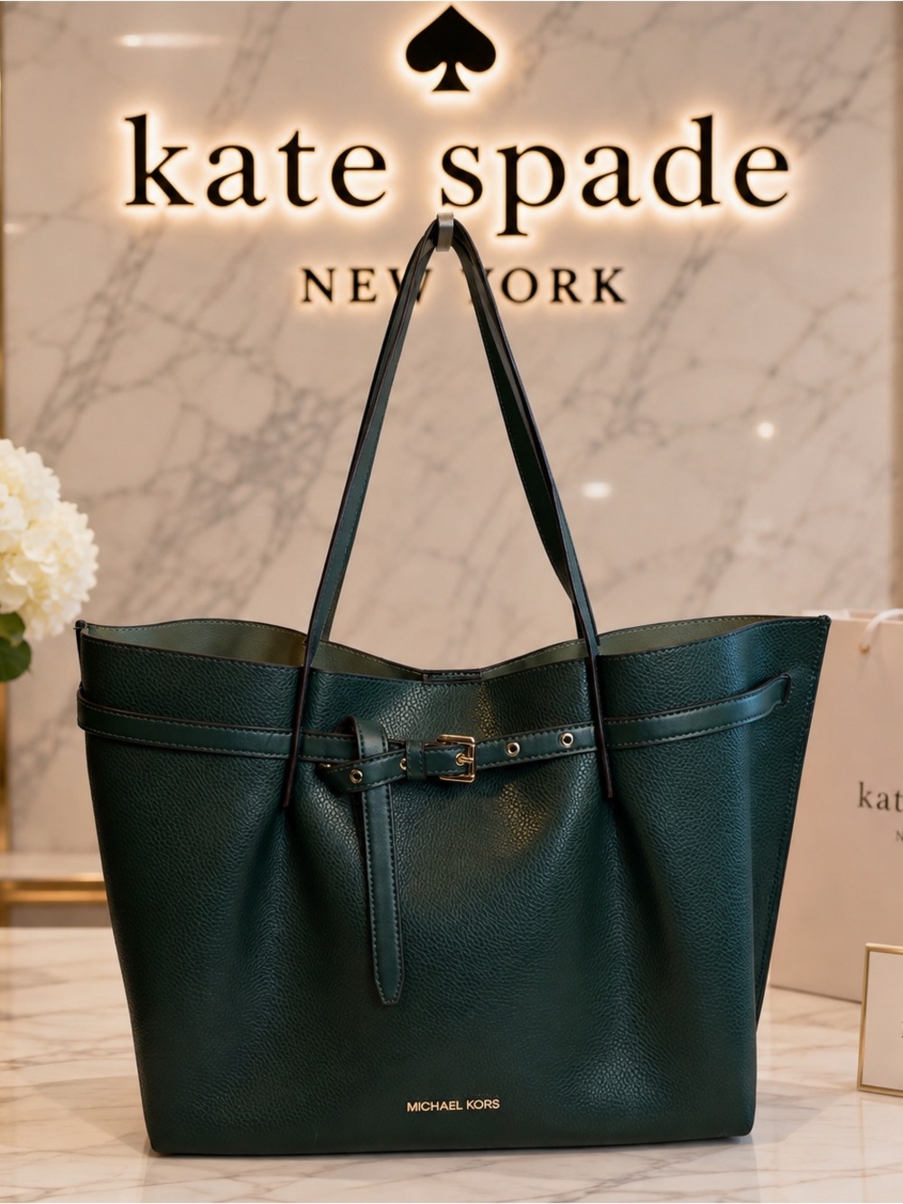 Michael Kors dark green Emilia Leather Large tote